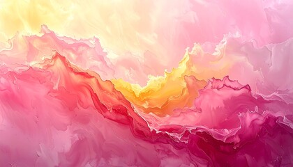 Abstract landscape painting in soft, flowing hues of pink, yellow, and red