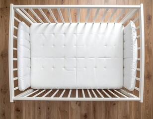 Empty white crib on light-brown wooden floor