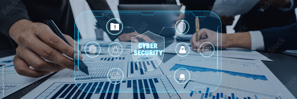 Poster professional hands engaging in data analysis of financial charts while cybersecurity icons illustrat