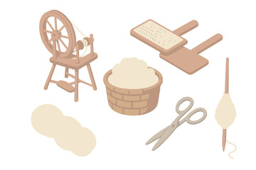 Wool Processing Tools. Isometric vector illustration set Wool processing tools: spinning wheel yarn thread, hand carders, fleece