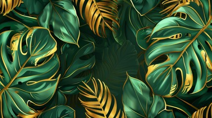 This image presents a lush arrangement of tropical leaves, adorned with elegant golden accents, symbolizing luxury, nature, and a sense of exotic beauty.