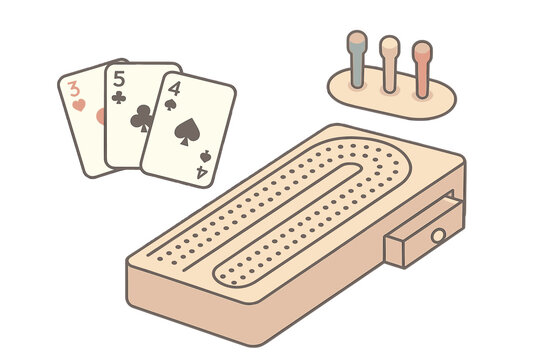 Cribbage Scoring Tools. Isometric vector illustration set Cribbage scoring tools: cribbage peg board points, cards in play, player