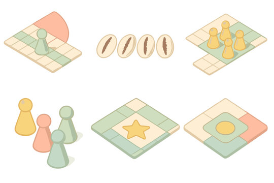Pachisi Game Elements. Isometric vector illustration set Pachisi game elements: pachisi pawn home path, track pieces, cowrie shell