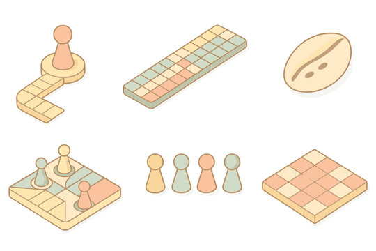 Pachisi Game Elements. Isometric vector illustration set Pachisi game elements: pachisi pawn home path, track pieces, cowrie shell