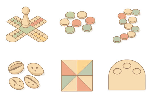 Traditional Board Game Icons. Isometric vector illustration set Traditional board game tools: pachisi pawn home path, wooden token