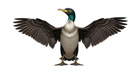 Obraz premium Cormorant spreading wings, feathers detailed, white chest, against black