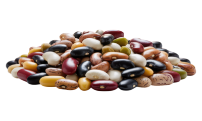 Colorful pile of dry beans, varied shapes and colors, filling the frame