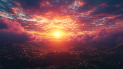 Obraz premium An enchanting sunset casting warm colors over rolling hills, creating a serene atmosphere filled with natural beauty and tranquility.