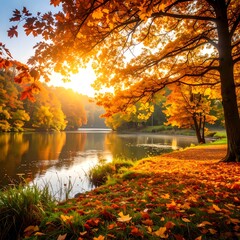 Autumnal serenity by a tranquil lake.  Golden foliage blankets the shore, reflecting in the still water. Sunlight streams through the vibrant fall trees, creating a warm and peaceful scene