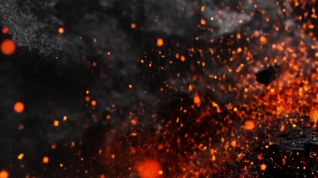 Eruption of fire and embers against a dark, smoky background with glowing orange flecks