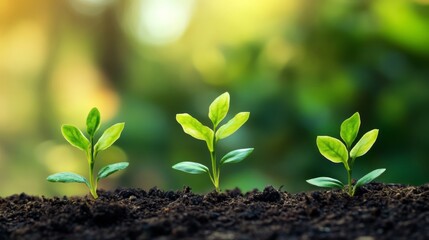 A serene image of young green plants sprouting from dark soil under natural sunlight, symbolizing growth, renewal, and the nurturing of life in an organic environment.