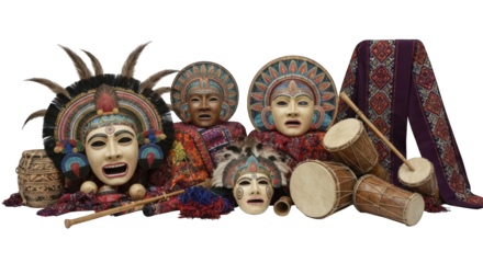 Detailed arrangement of tribal masks, drums, textile, and cultural items