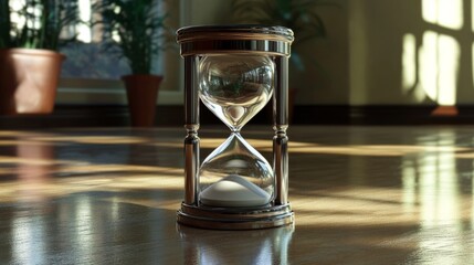 A beautifully rendered hourglass stands against a softly lit room, illustrating the passage of time, awareness of mortality, and the significance of living in the present moment.