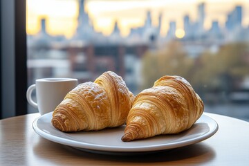 This image showcases two delicious croissants on a plate, perfectly paired with a coffee cup, set against a beautiful sunrise view, evoking warmth and comfort for breakfast lovers.