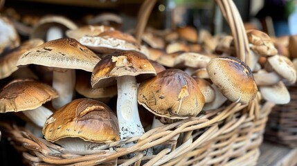 This image beautifully displays a basket filled with an assortment of freshly picked mushrooms, highlighting their unique textures and earthy tones, ideal for culinary enthusiasts.