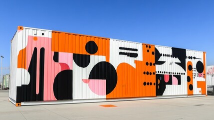 This image features a vibrant mural painted on a shipping container, showcasing a mix of geometric patterns and bold colors, representing contemporary urban art and creative expression.