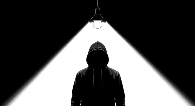 Mysterious hooded figure under spotlight in dramatic silhouette art