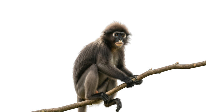 Dusky langur monkey perched on a branch against dark background