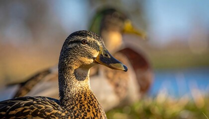 Close-up of a mallard duck's head and neck, with a blurred background of other ducks.  Sunlight highlights the feathers