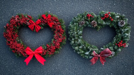 Two beautifully arranged heart-shaped wreaths, one lush and green and the other festive red, perfect for adding a warm touch to holiday decorations.