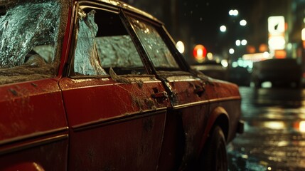 An eerie scene capturing an old, dilapidated car in a deserted urban setting, illustrating decay and the passage of time in an ever-changing environment.