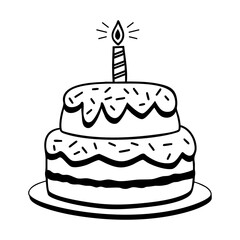 Hand-drawn black and white vector illustration of a two-tiered birthday cake with sprinkles and a single lit candle on top. Perfect for greeting cards, invitations, stickers, coloring pages, and vario