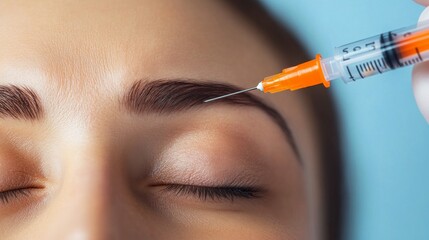 A close-up view of a woman undergoing a brow injection procedure, highlighting the precision and care involved in beauty enhancement treatments for youthful appearance.