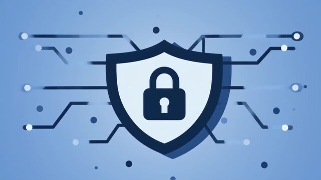A stylized shield graphic with a lock symbol, set against a background of circuit board-like lines and dots.  A muted, light blue palette creates a digital, secure, and modern feel