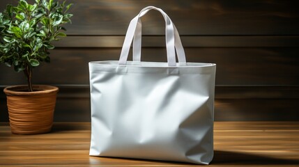 A stylish and minimalist white tote bag positioned on a wooden table, complemented by a potted plant, representing simplicity and modern design in everyday life.