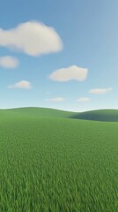 Obraz premium An expansive green meadow stretches toward the horizon under a clear blue sky, adorned with fluffy white clouds, creating a vibrant and inviting atmosphere for relaxation.