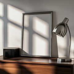 A sleek desk setup featuring a minimalist empty picture frame, stylish lamp, and black box illustrates contemporary design aesthetics, perfect for creative inspiration and reflections.