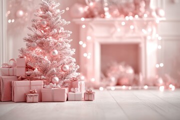 A dreamy pink-themed Christmas scene featuring a frosted tree with delicate ornaments, surrounded by beautifully wrapped gifts, creating a festive atmosphere.