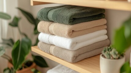 An inviting arrangement of neatly stacked towels in earthy tones alongside indoor plants on a wooden shelf, exuding warmth and a serene atmosphere for any space.