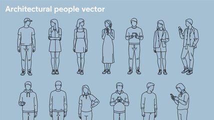 Collection of architectural style line drawings of diverse people standing in a silhouette against a light blue background