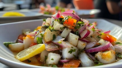 A colorful and vibrant mixed vegetable salad topped with fresh herbs and a slice of lime, showcasing healthy eating and the enjoyment of fresh ingredients.
