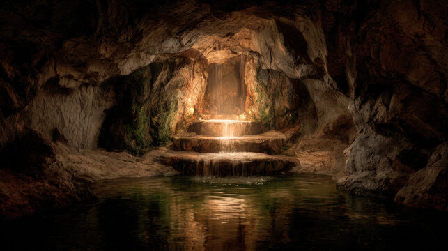 Hidden cave with cascading waterfall and reflection in still water, illuminated by a warm glow, surrounded by rugged stone formations and lush greenery, peaceful atmosphere