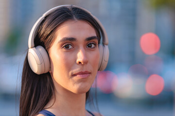 Woman wearing headphones enjoys music in a vibrant city setting during sunset