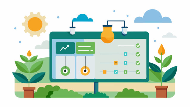 A digital irrigation scheduling tool that takes into account individual plant needs soil type and weather patterns to optimize water usage and promote healthy crop growth.. Vector illustration