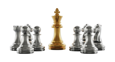 Golden king chess piece stands tall among silver pawns on black