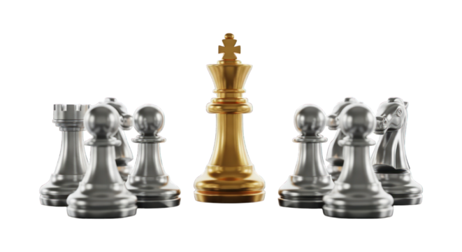 Golden king chess piece stands tall among silver pawns on black - Powered by Adobe