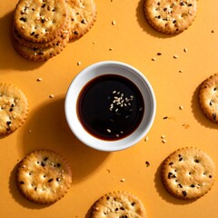 Crispy crackers arranged around a small bowl of dark sauce