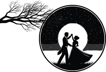 Romantic couple dancing under full moon, black silhouette vector illustration for love, fantasy, and nighttime storytelling design use