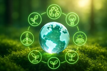 Green energy and sustainability icons circle the glowing earth, symbolizing environmental protection and renewable resources