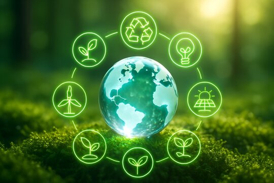 Green energy and sustainability icons circle the glowing earth, symbolizing environmental protection and renewable resources