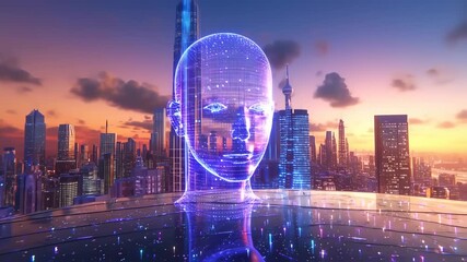 Futuristic cityscape with a digital holographic head - Powered by Adobe