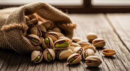 Pistachios spill from a burlap sack onto aged wood, near a window's diffused light