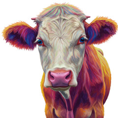 Vibrant rainbow cow portrait isolated on transparent background