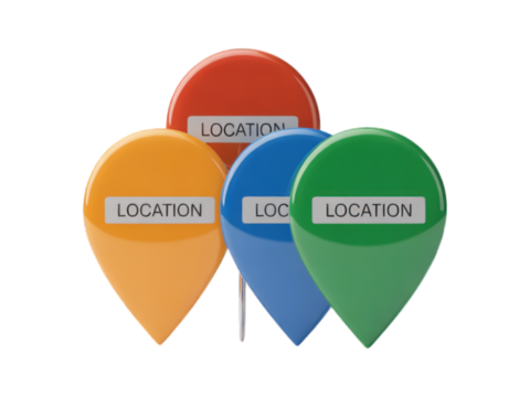 Group of location pins, red, orange, blue, green, over black