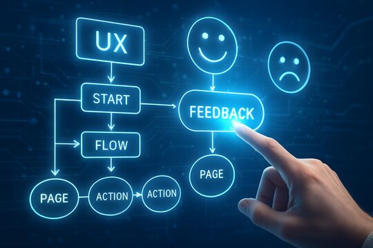 User experience ux flowchart with glowing neon icons showing start, flow, action, feedback, and happy or sad faces