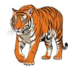 Majestic bengal tiger walking illustration isolated on transparent background